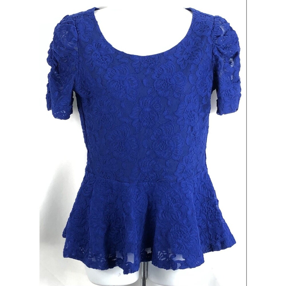 Vintage Peplum Top M Blue Floral Lace ScoopNeck Whimsigoth Glam Coquette Fairy